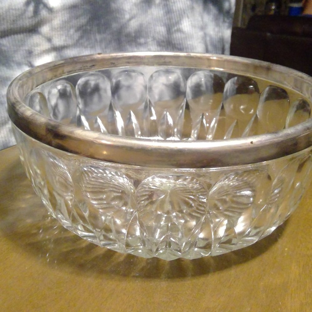 Silver Rimmed Glass Salad Bowl LEONARD Italy with silver plated salad servers